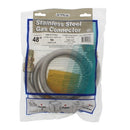 48-inch stainless steel gas connector in original packaging. The flexible, coiled metal hose is visible through the clear plastic bag. The label details compatibility with ranges, dryers, and furnaces, along with fitting specifications. Designed for secure gas appliance connections.