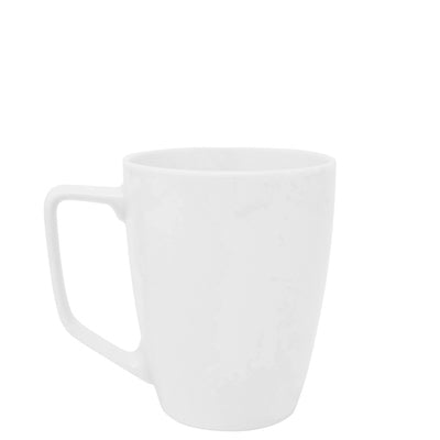 White ceramic coffee mug with a modern, minimalist design featuring a square-shaped handle for a comfortable grip. The smooth, glossy finish makes it a stylish and functional choice for enjoying hot beverages like coffee, tea, or hot chocolate.