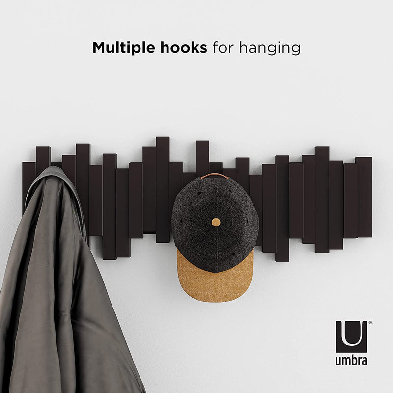 Umbra Sticks Multi Rack – Modern, Unique, Space-Saving Hanger with 5 Flip-Down Hooks for Hanging Coats, Scarves, Purses and More, Brown