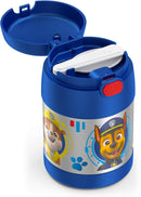 Paw Patrol themed 10oz Thermos FUNtainer insulated food jar with foldable spoon inside lid on a white background.