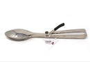 A set of large, stainless steel tongs with a unique scoop-like head and a black non-slip grip on the handle.