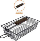 Yukon Glory Premium Grilling Basket, a rectangular wire mesh basket with a long brown handle, and a separate flat wire grill rack.