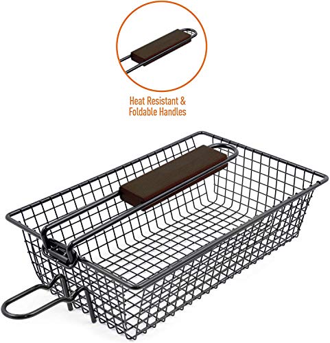 Yukon Glory Premium Grilling Basket, Designed Grill Vegetables, Seafood, Poultry and Meats, Unique Locking Mechanism to Easily Flip Food, Foldable Handle for Compact Storage