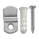 Metal bracket, plastic wall anchor, and silver screw set for mounting or securing objects to walls.