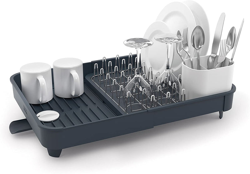 Joseph Joseph 85040 Extend Expandable Dish Drying Rack and Drainboard Set Foldaway Integrated Spout Drainer Removable Steel Rack and Cutlery Holder, Gray