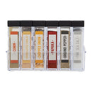 Clear plastic Farberware BBQ Slim Spice Set featuring six labeled compartments containing cumin (ground), granulated garlic, chopped onion, paprika (ground), ground black pepper, and fine sea salt, all neatly organized in a slim, clear holder with black lids.