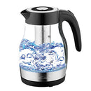 Brentwood electric glass kettle with tea infuser and black accents on a white background.