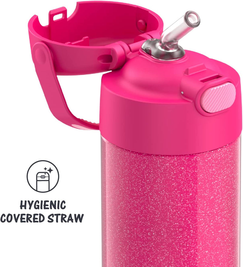 THERMOS FUNTAINER 12 Ounce Stainless Steel Vacuum Insulated Kids Straw Bottle, Pink Glitter