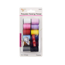 Sewing Thread Kit featuring 12 colorful spools, 3 needles, and a metal threader arranged neatly on a white background.