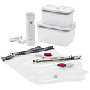 Complete Zwilling Fresh & Save vacuum system, including the handheld pump, rechargeable cord, and various storage solutions.

