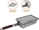 Yukon Glory Premium Grilling Basket, a rectangular wire mesh basket with a long brown handle, and a separate flat wire grill rack.