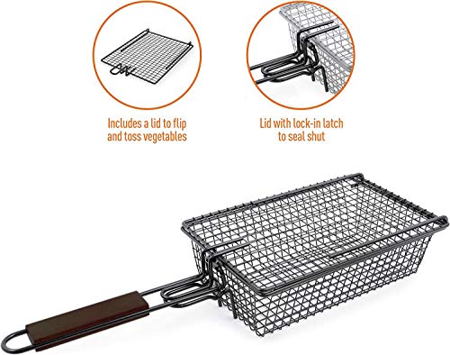 Yukon Glory Premium Grilling Basket, Designed Grill Vegetables, Seafood, Poultry and Meats, Unique Locking Mechanism to Easily Flip Food, Foldable Handle for Compact Storage