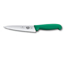 Victorinox 6-inch carving knife with a green handle and stainless steel straight-edge blade, shown on a white background.