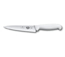 Victorinox 6-inch carving knife with a white handle and stainless steel straight-edge blade, displayed on a white background.