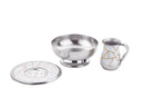 A Godinger Mayim Achronim set featuring a white and gold abstract patterned cup and a silver-toned stainless steel bowl.