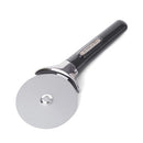 A professional pizza cutter featuring a large, polished stainless steel wheel, a silver metal neck, and a black ergonomic handle.