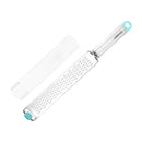 A stainless steel handheld zester and grater with a light blue handle and a clear protective cover.