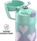 THERMOS FUNTAINER 12 Ounce Stainless Steel Vacuum Insulated Kids Straw Bottle, Purple Hearts