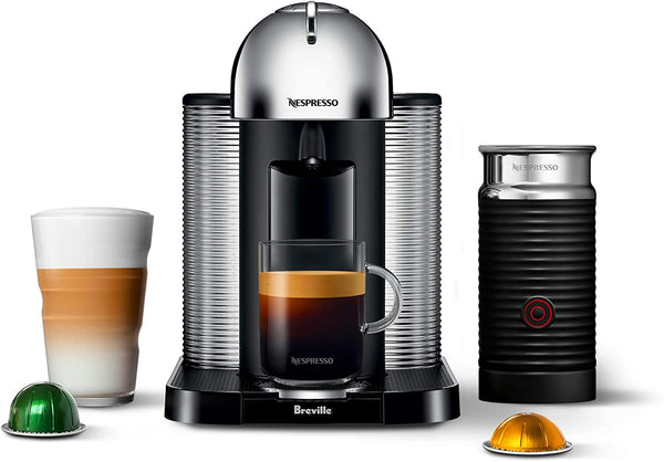 Nespresso Vertuo Coffee and Espresso Machine Bundle with Aeroccino Milk Frother by Breville, Chrome - BNV250CRO1BUC1