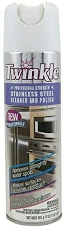 17 oz aerosol can of Twinkle Stainless Steel Cleaner and Polish, with a silver and blue label, on a white background.