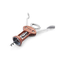 A winged corkscrew with a copper-plated metal body, a non-stick spiral, chrome arms for leverage, and an integrated bottle opener.