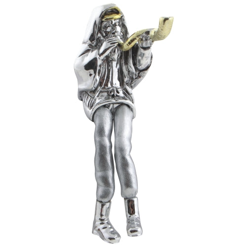 Silvered Polyresin Sitting Hassidic Figurine With Cloth Legs 16cm - "Tkias Shofar"