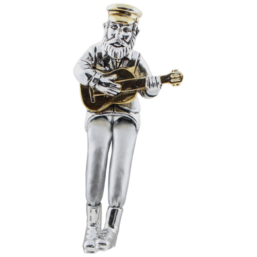 Silvered Polyresin Sitting Hassidic Figurine With Cloth Legs 15cm - Guitar Player