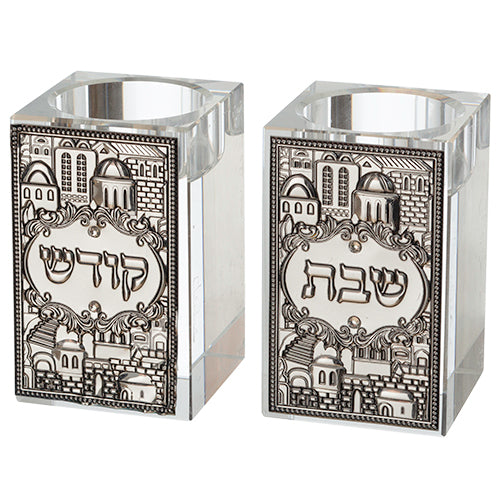 Set of 2 Crystal Tea Light Holder with a Plaque