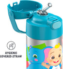 Cocomelon-themed THERMOS FUNtainer 12oz stainless steel kids straw bottle with a soft-touch carry handle, displayed on a white background.