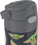 THERMOS FUNTAINER 12-ounce stainless steel water bottle with Mandalorian design, featuring a covered straw and carry handle, shown on a white background.