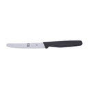 ICEL serrated knife featuring a black handle and a high-carbon no-stain steel blade with an NSF certification.