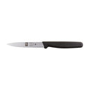 Icel 4-inch paring knife with a serrated blade and black handle.
