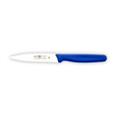 Icel 4-inch straight paring knife with a blue handle and stainless steel blade, shown on a white background.