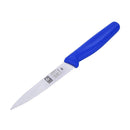 Icel 4-inch paring knife with a serrated blade and blue handle.