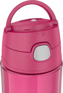 THERMOS FUNTAINER 16oz raspberry-colored plastic hydration bottle with flip-up spout and foldable carry handle on white background.