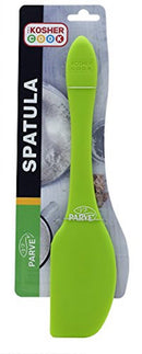A flexible, solid green silicone spatula clearly marked with a "PARVE" symbol, shown in its packaging.