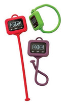Three digital timers in red, green, and purple with flexible silicone sleeves.