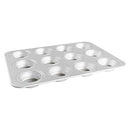 Fat Daddio’s silver anodized aluminum standard 12-cup muffin pan, 11.2 by 15.8 inches, on a white background.