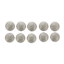 Set of 10 round satin nickel cabinet knobs arranged in rows on a white background.