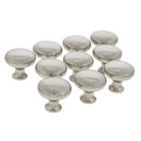 Set of 10 round satin nickel cabinet knobs arranged in rows on a white background.