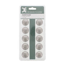 Set of 10 round satin nickel cabinet knobs arranged in rows on a white background.