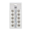 Set of 10 round satin nickel cabinet knobs arranged in rows on a white background.