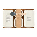 Mud Pie Tidbit Tapas Serving Set with white ceramic plates on a wooden board, shown on a white background.