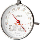 Taylor brand classic style meat thermometer featuring a round dial with Fahrenheit markings from 120 to 200 degrees. The dial face includes icons for beef, pork, poultry, and lamb/veal, along with recommended temperatures for different levels of doneness. The thermometer has a stainless steel probe and a clip for oven use.