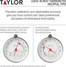 Taylor brand classic style meat thermometer featuring a round dial with Fahrenheit markings from 120 to 200 degrees. The dial face includes icons for beef, pork, poultry, and lamb/veal, along with recommended temperatures for different levels of doneness. The thermometer has a stainless steel probe and a clip for oven use.