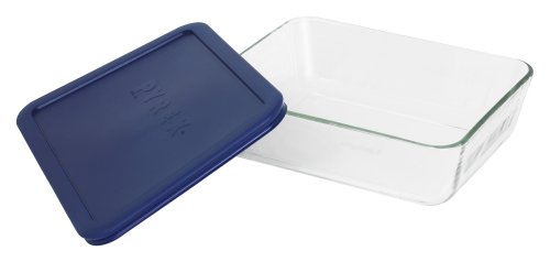 Pyrex Storage 6-cup Rectangular, Dark Blue Plastic Cover, Clear