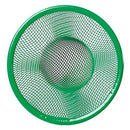 A round, green mesh kitchen sink strainer for preventing clogs.