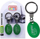 A blister pack containing two green metal keyrings. Each keyring has an oval tag engraved with 'PARVE' and a fish icon, for kosher utensil labeling.
