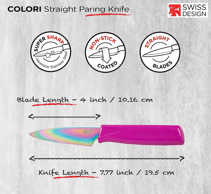 Kuhn Rikon COLORI Non-Stick Straight Paring Knife with Safety Sheath, 4 inch Blade, Unicorn