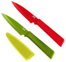 Set of two Kuhn Rikon COLORI+ paring knives in red and green with matching safety sheaths, displayed on a white background.